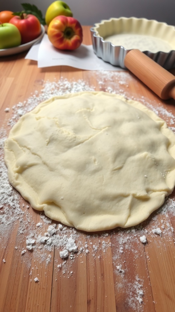 A rolled out pie crust on a wooden surface with flour, alongside a rolling pin and fresh fruits.